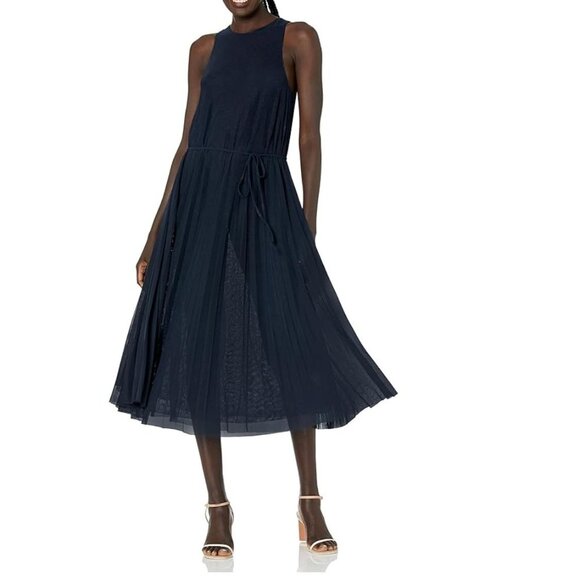 VINCE. High Neck Pleated Midi Dress Coastal Navy Blue Size XXS - Picture 2 of 6